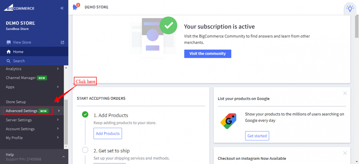 BigCommerce Advanced Settings menu