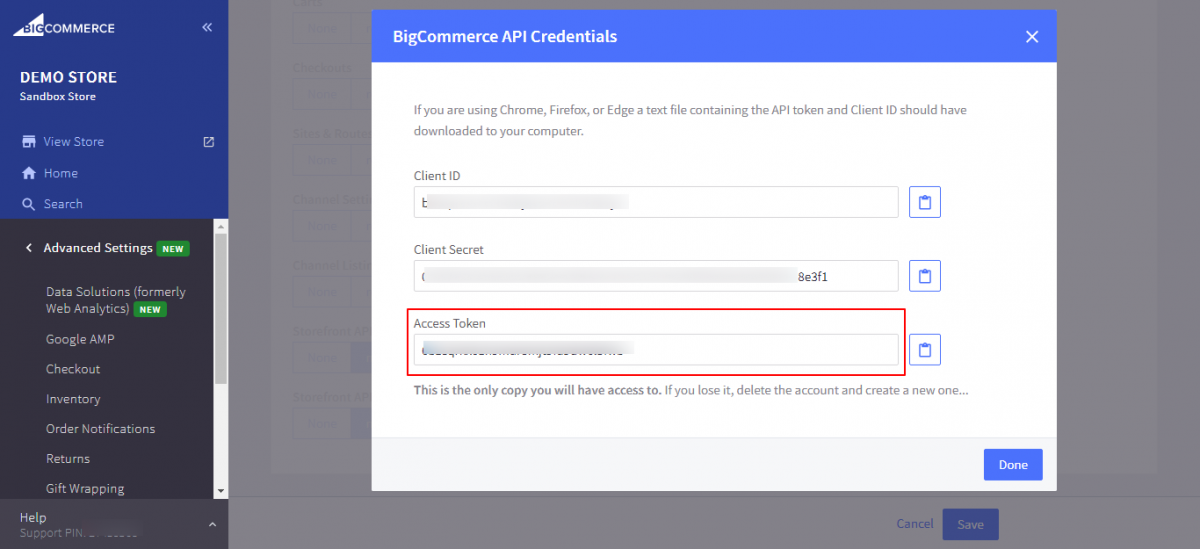 BigCommerce API credentials and access token