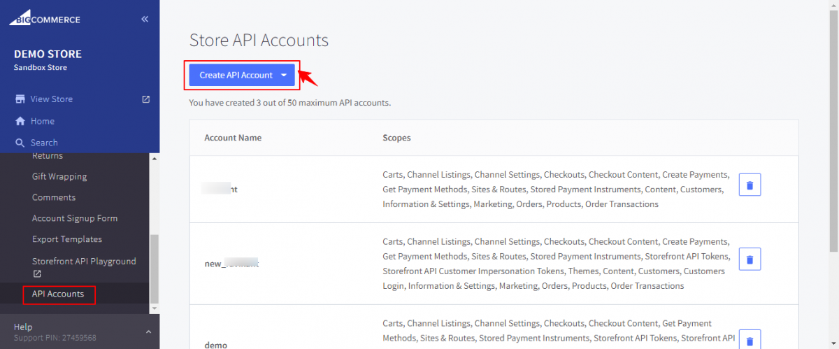 BigCommerce API Accounts menu