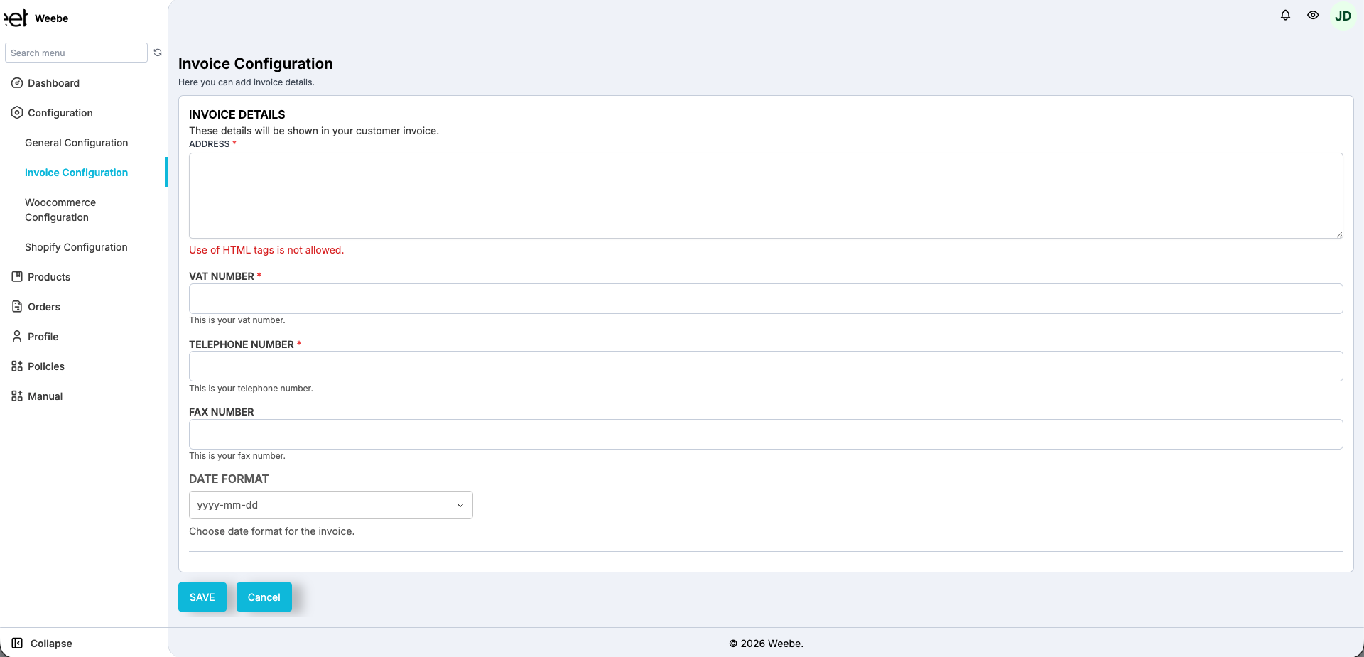 Invoice Configuration page