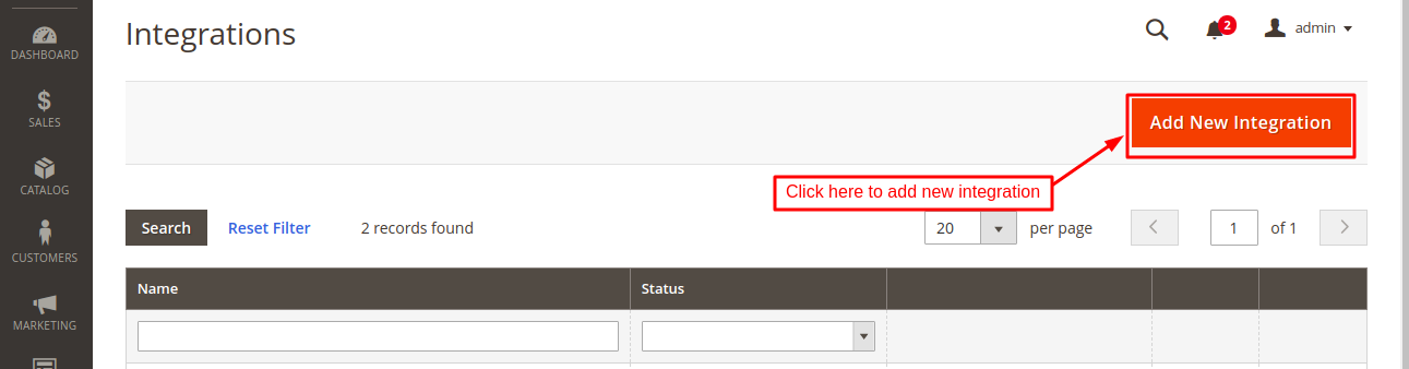 Magento Add New Integration button