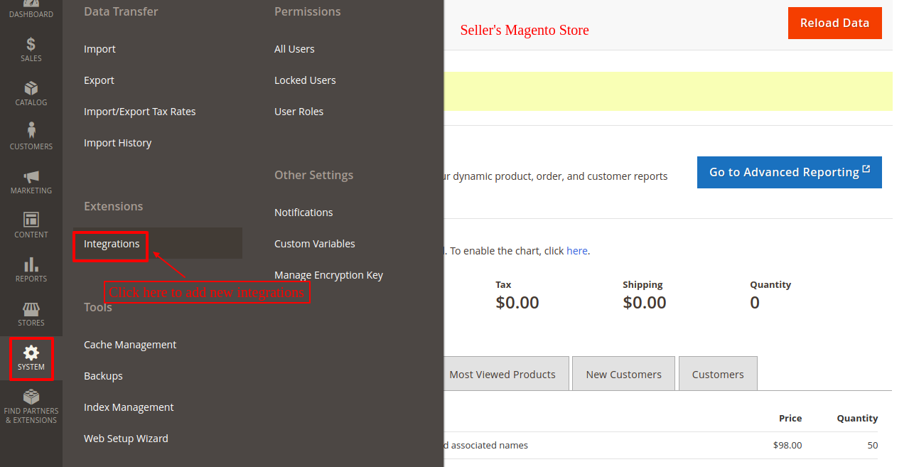 Magento System Integrations menu