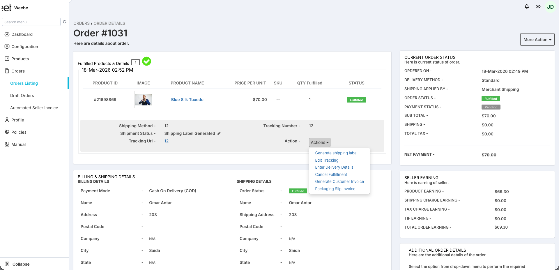 Order Actions dropdown showing Order Delivered and Order Delivery Details options
