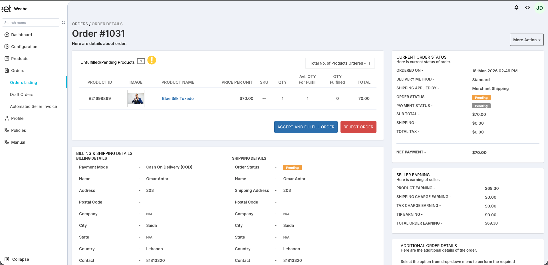 Order detail page showing product, billing, shipping, and the Accept and Fulfill Order button