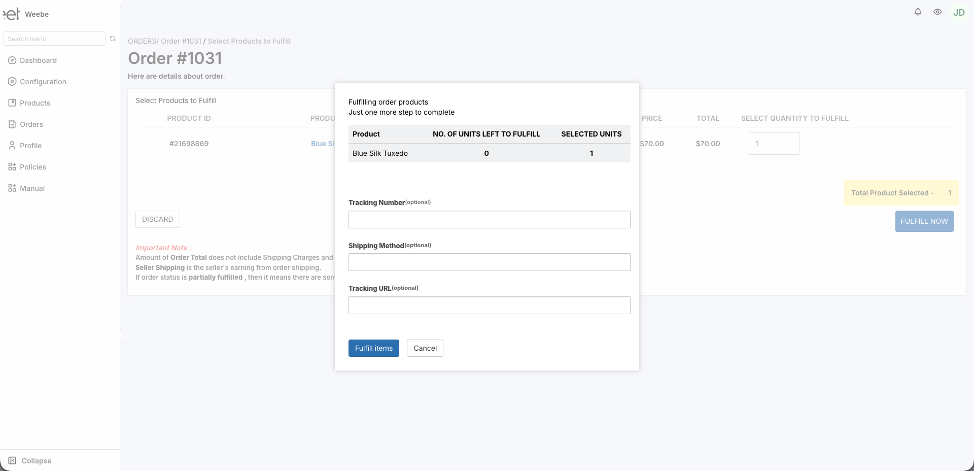 Fulfillment confirmation modal with tracking fields