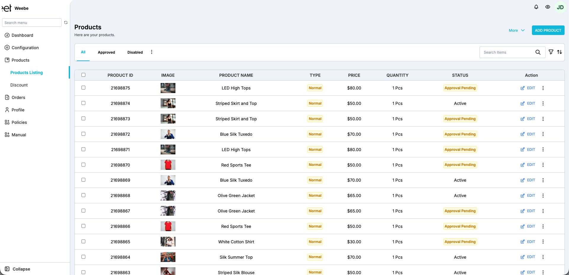 Products Listing page