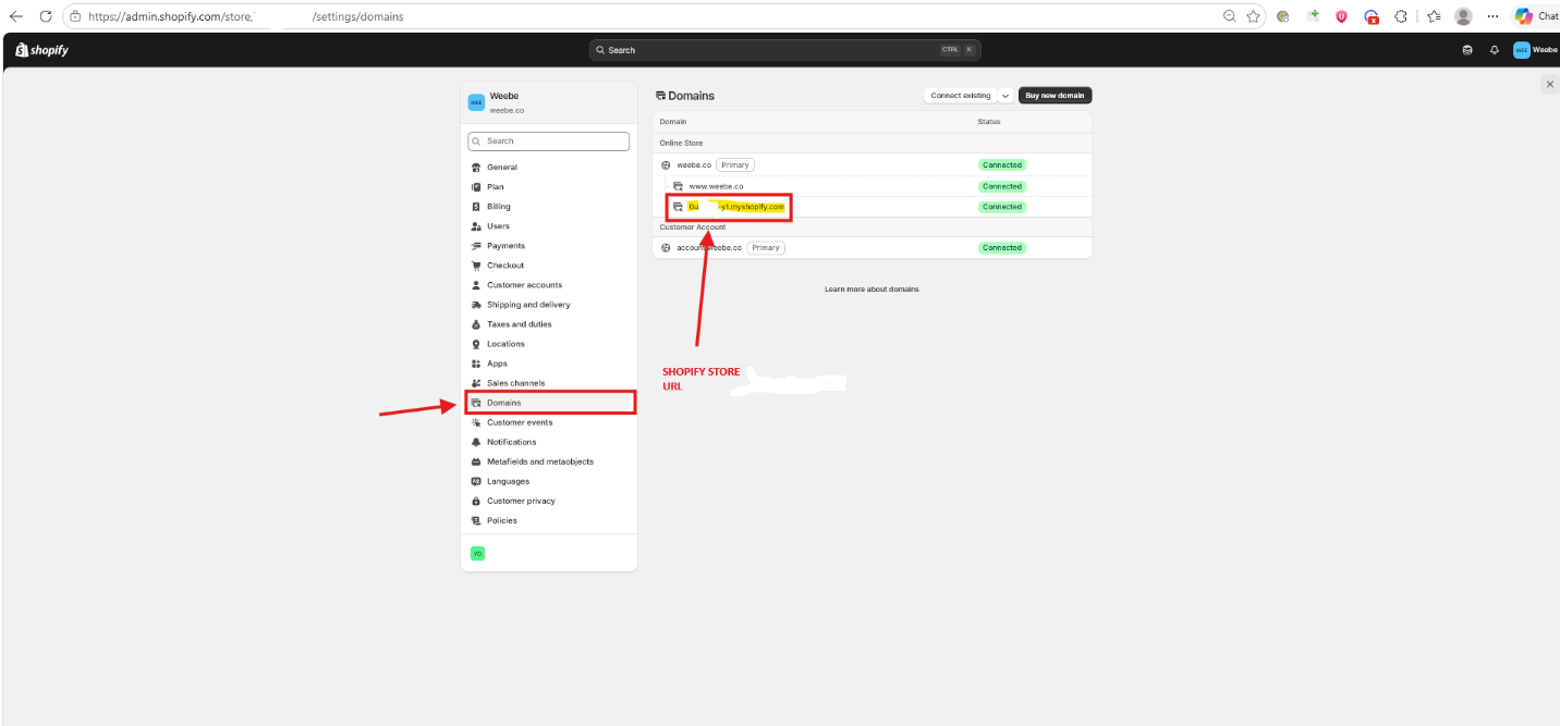 Shopify Admin Domains screen showing myshopify.com URL