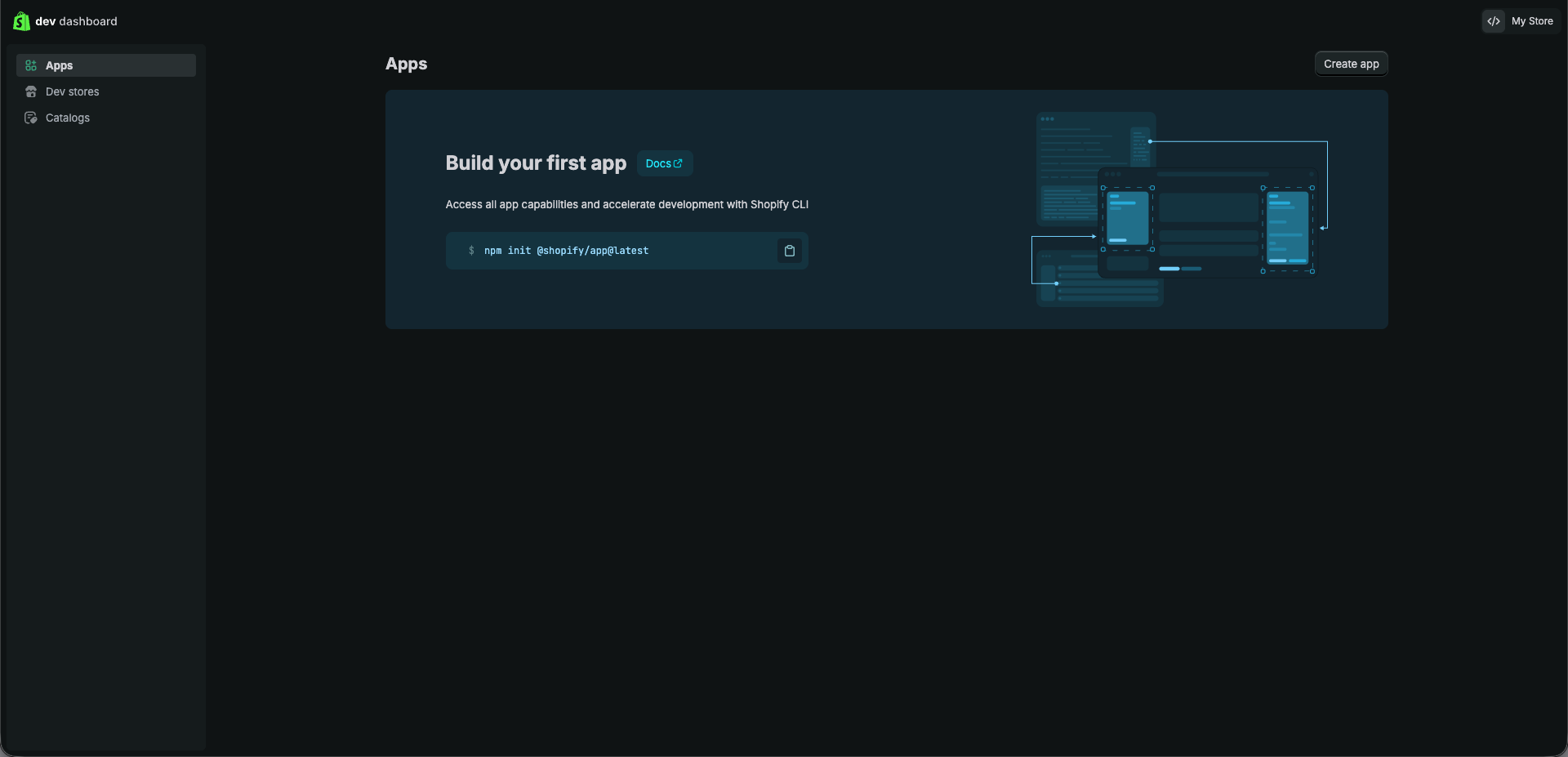 Shopify Dev Dashboard — Apps list with Create app button