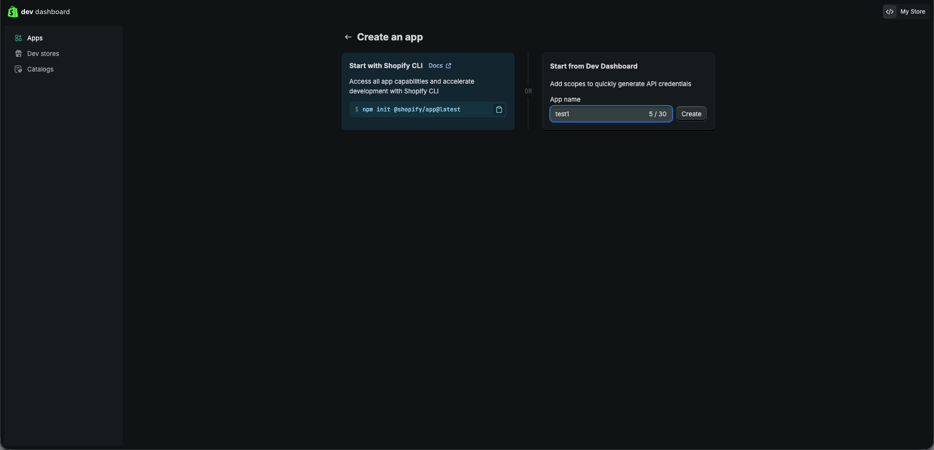 Entering app name in Shopify Dev Dashboard