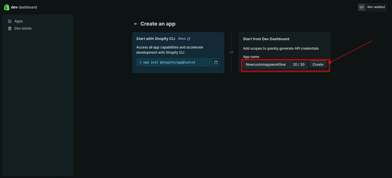 Shopify Dev Dashboard Create app screen