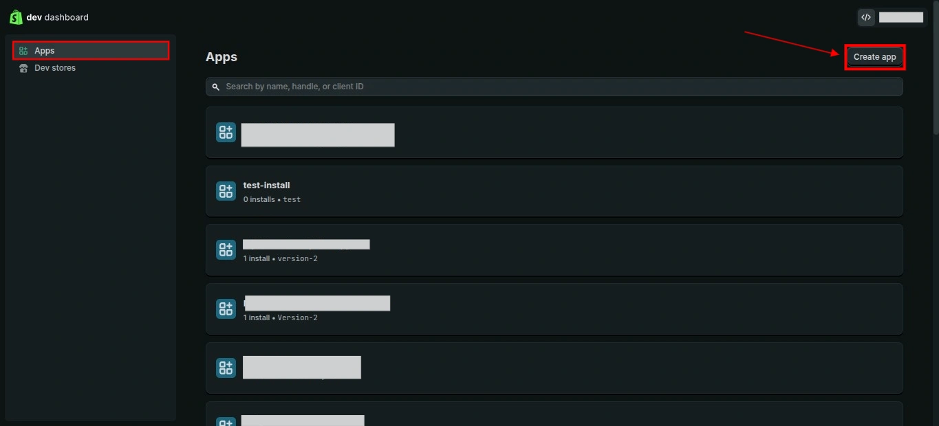 Shopify Dev Dashboard Apps page showing the Create app button