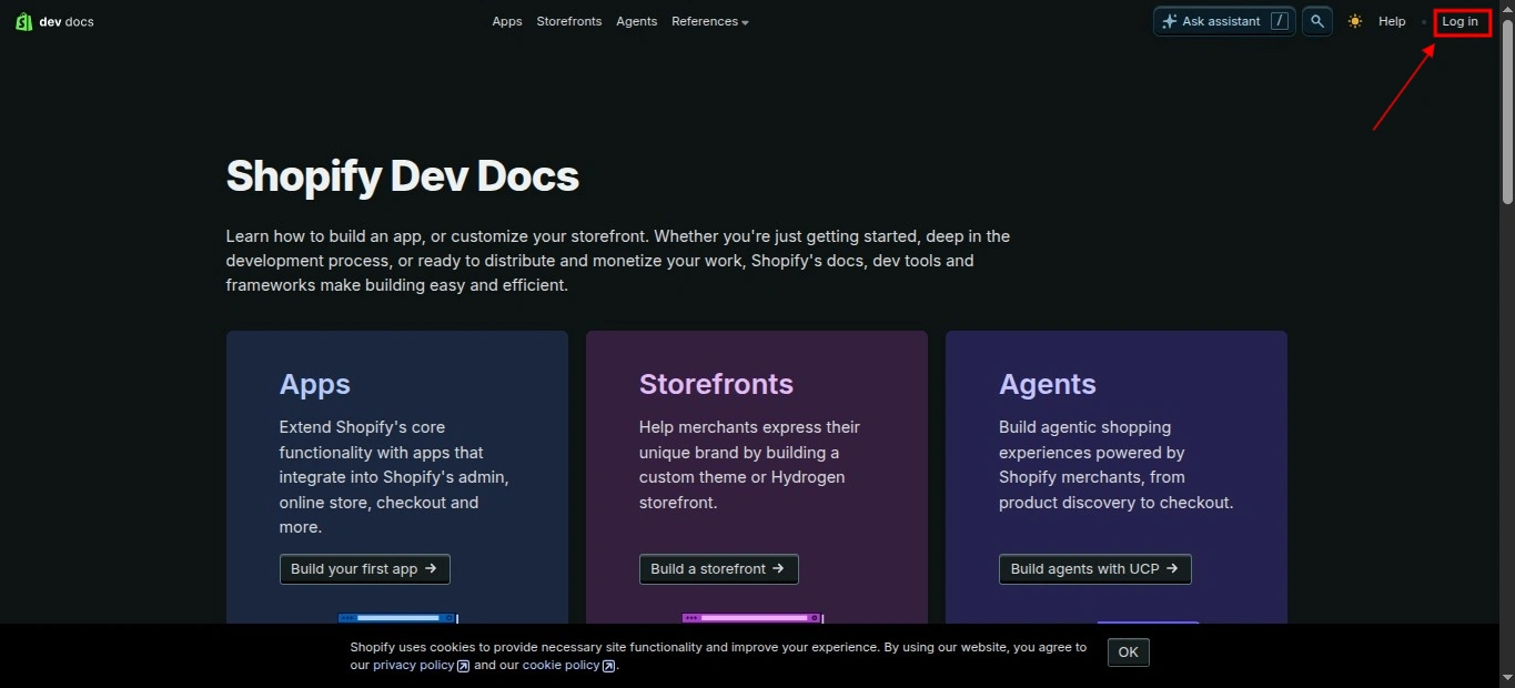 Shopify Dev Docs login page