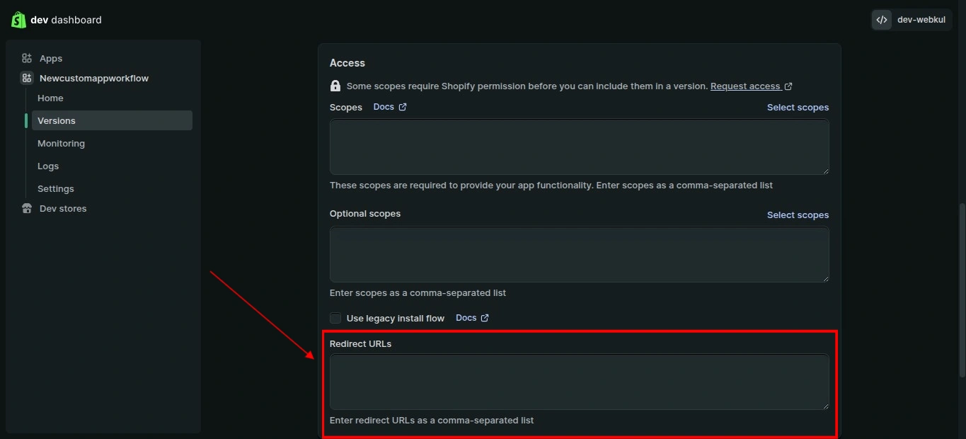 Shopify Dev Dashboard Redirect URLs field