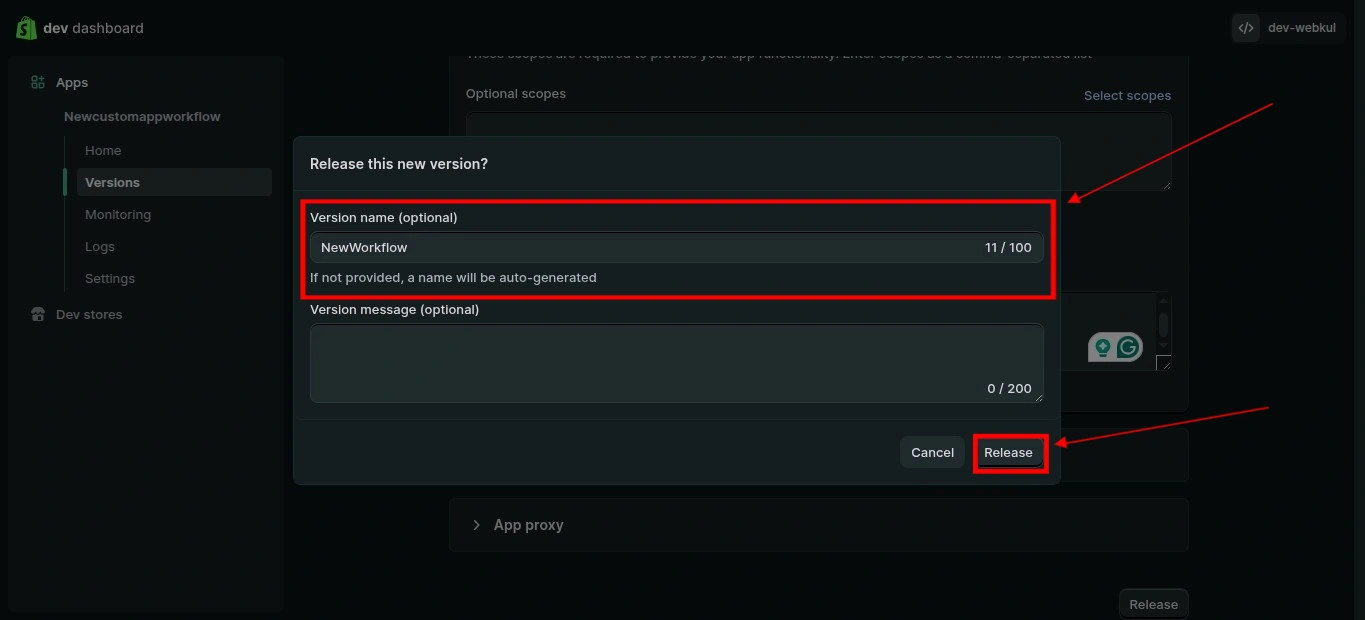 Shopify Dev Dashboard release version dialog