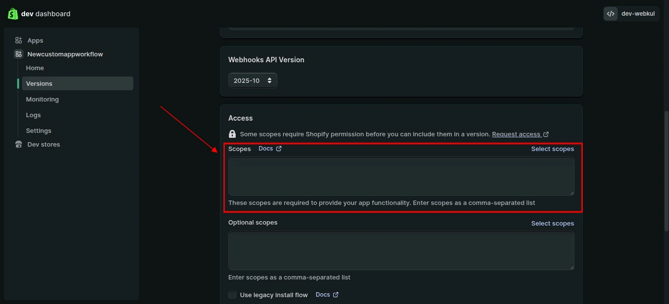 Shopify Dev Dashboard Access section showing required scopes