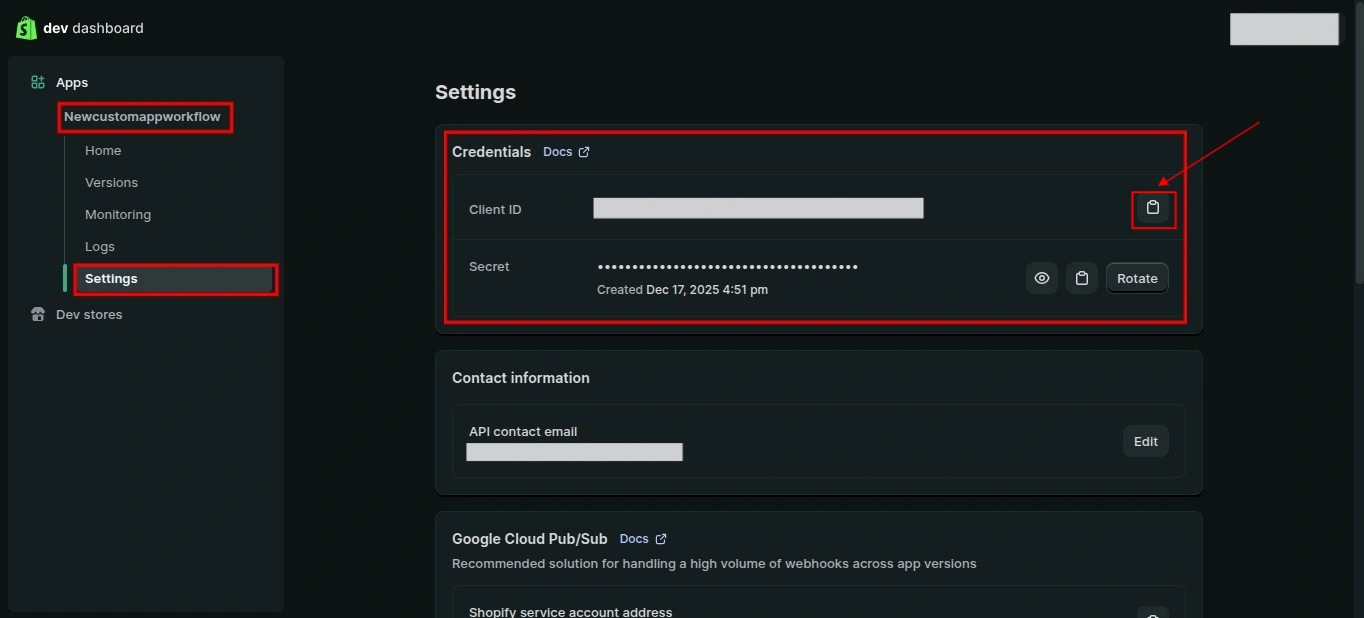 Shopify Dev Dashboard Settings page showing Client ID