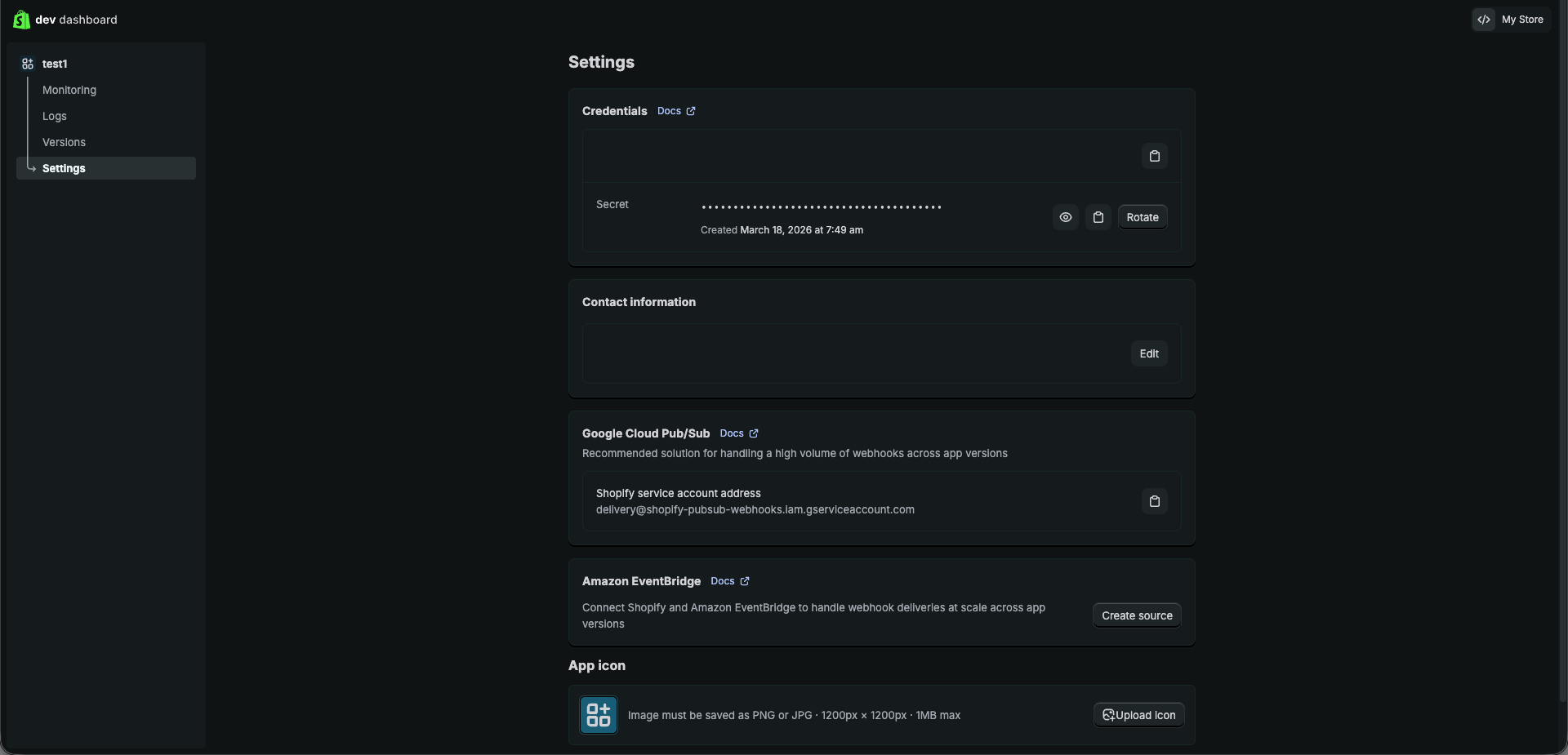 Shopify Dev Dashboard — Settings page showing Client ID and Secret
