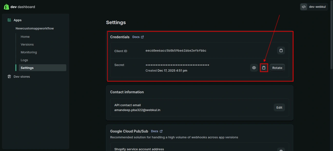 Shopify Dev Dashboard Settings page showing Secret