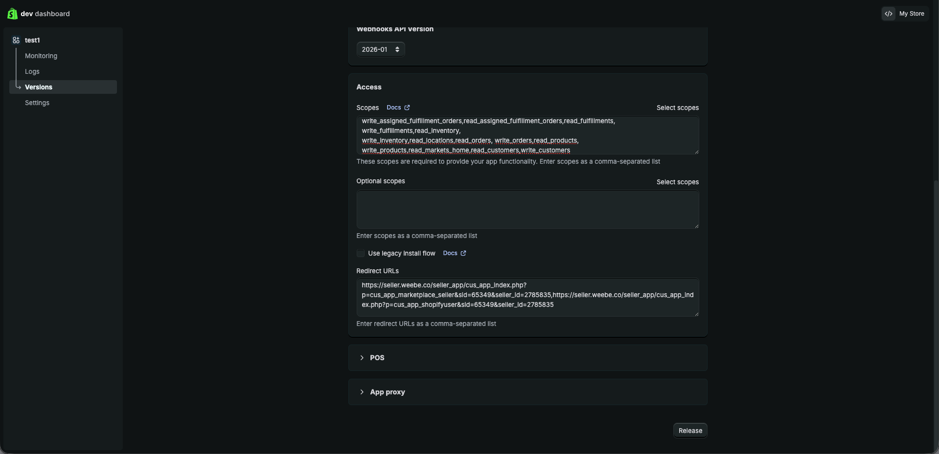 Shopify Dev Dashboard — scopes and Redirect URLs filled in
