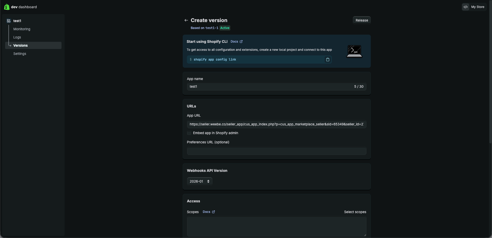 Shopify Dev Dashboard — Create version with App URL filled in