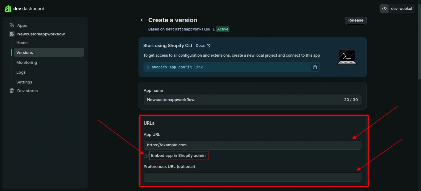 Shopify Dev Dashboard URLs section