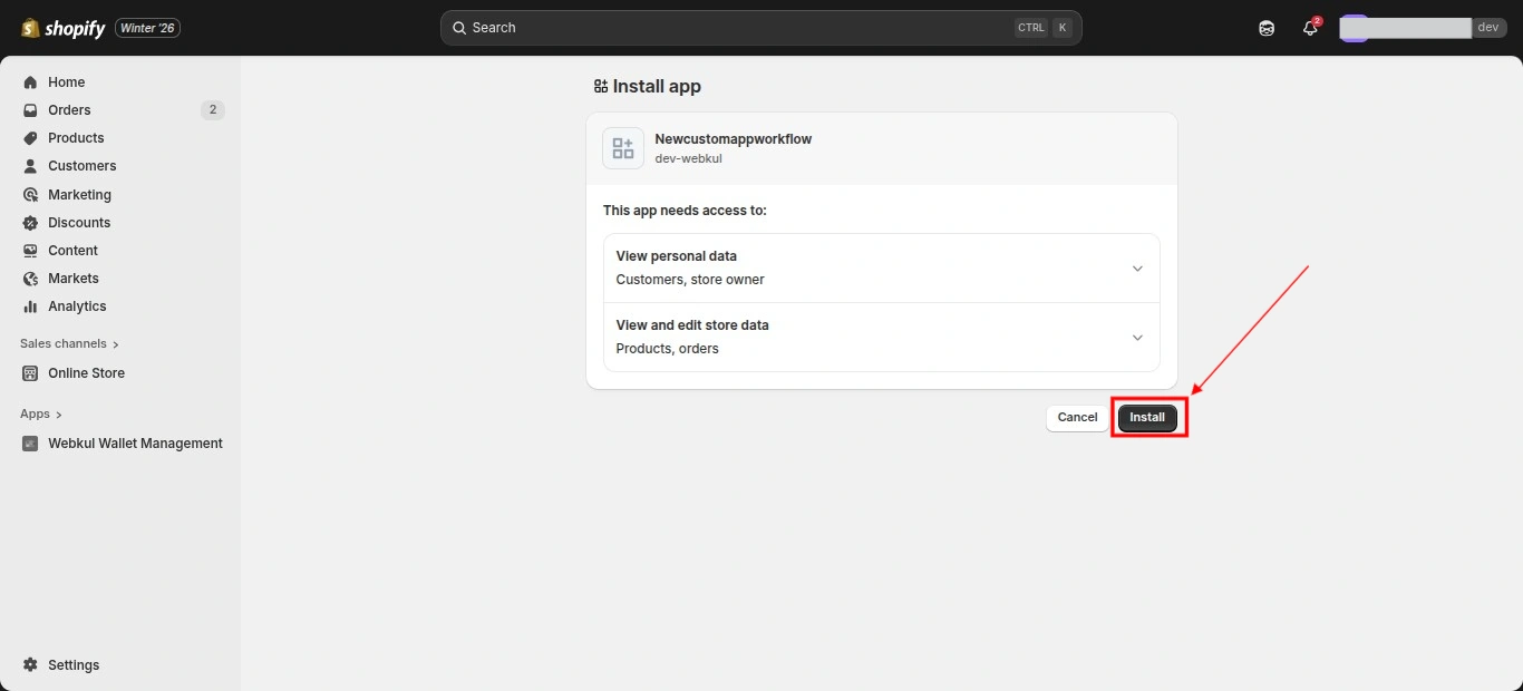 Shopify app installation confirmation screen