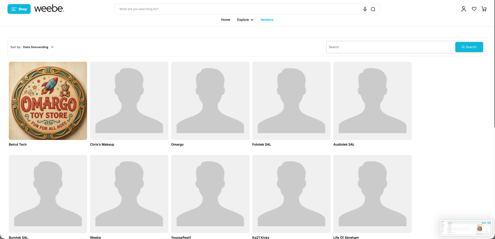 Weebe Vendors page showing public seller profiles