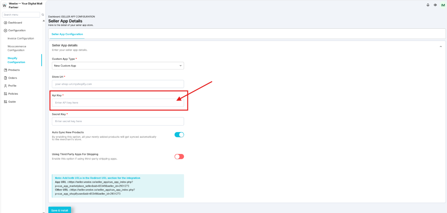 Weebe Shopify Configuration Api Key field