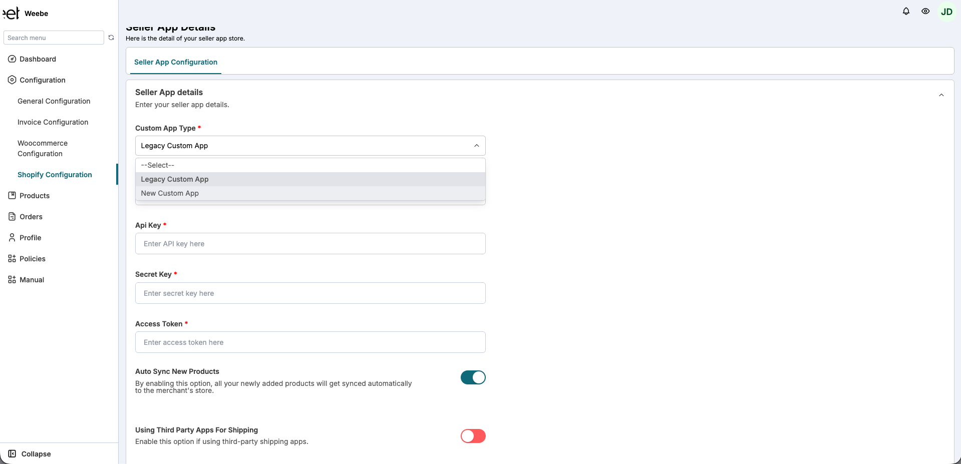 Weebe Seller App Configuration — selecting New Custom App
