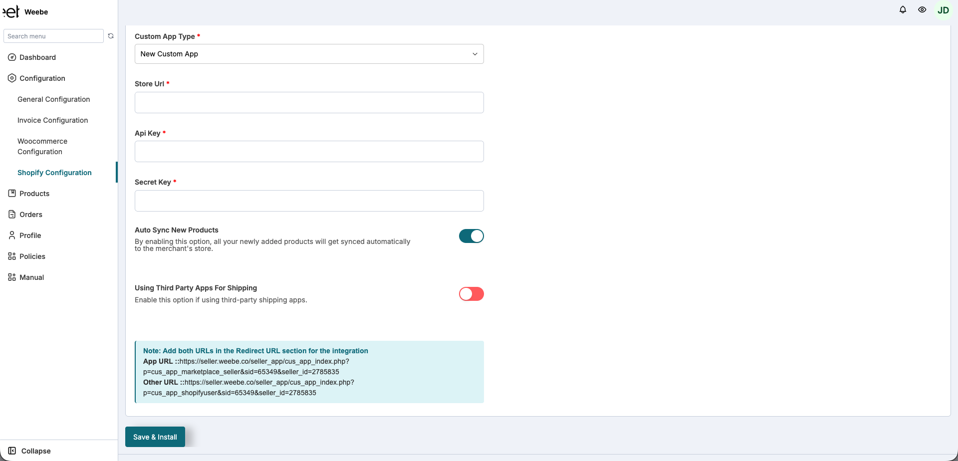 Weebe Shopify Configuration — credentials filled in with Save &amp; Install button