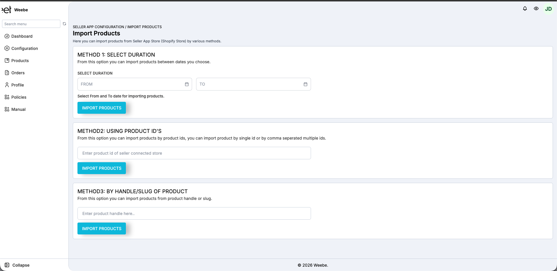 Weebe Import Products page showing all three import methods