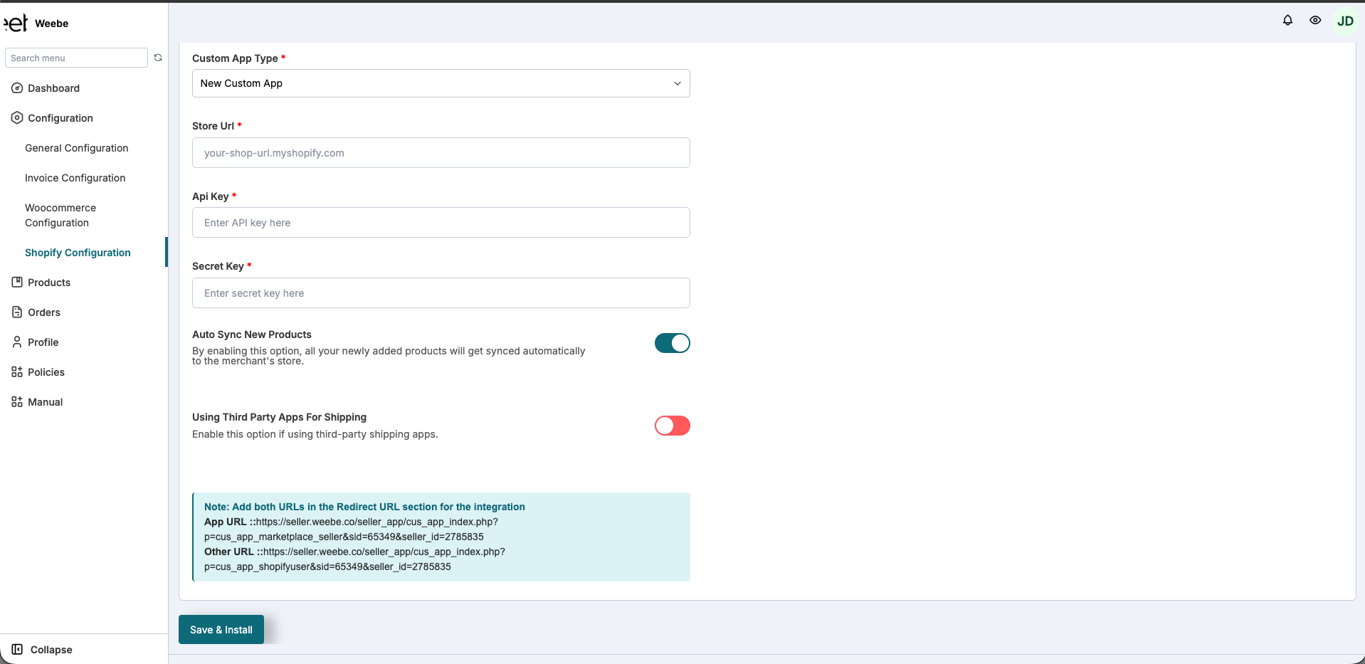 Weebe New Custom App form showing Redirect URLs to copy