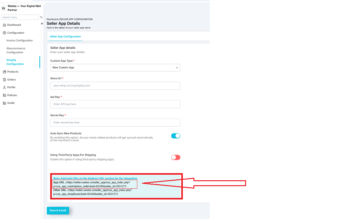 Weebe Shopify Configuration screen showing App URL and Other URL