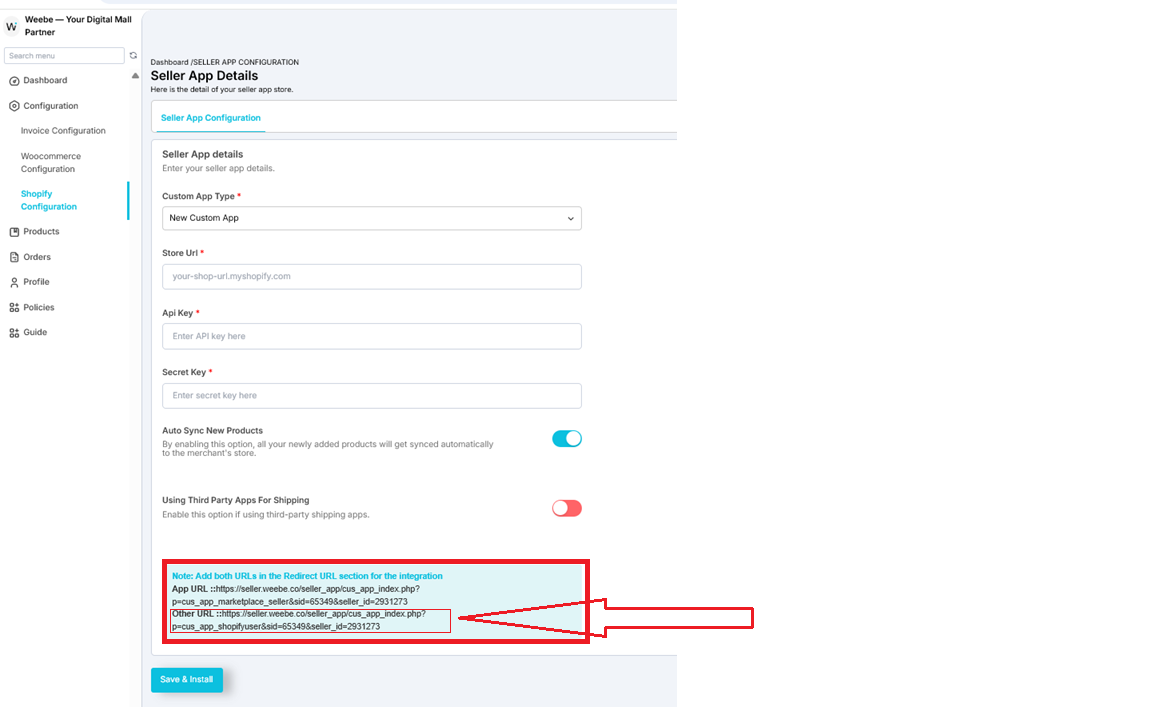 Weebe Shopify Configuration screen showing the Other URL