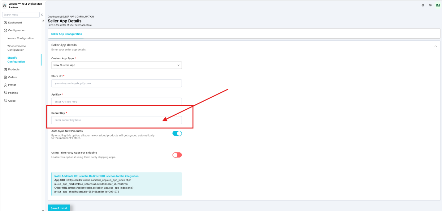 Weebe Shopify Configuration Secret Key field