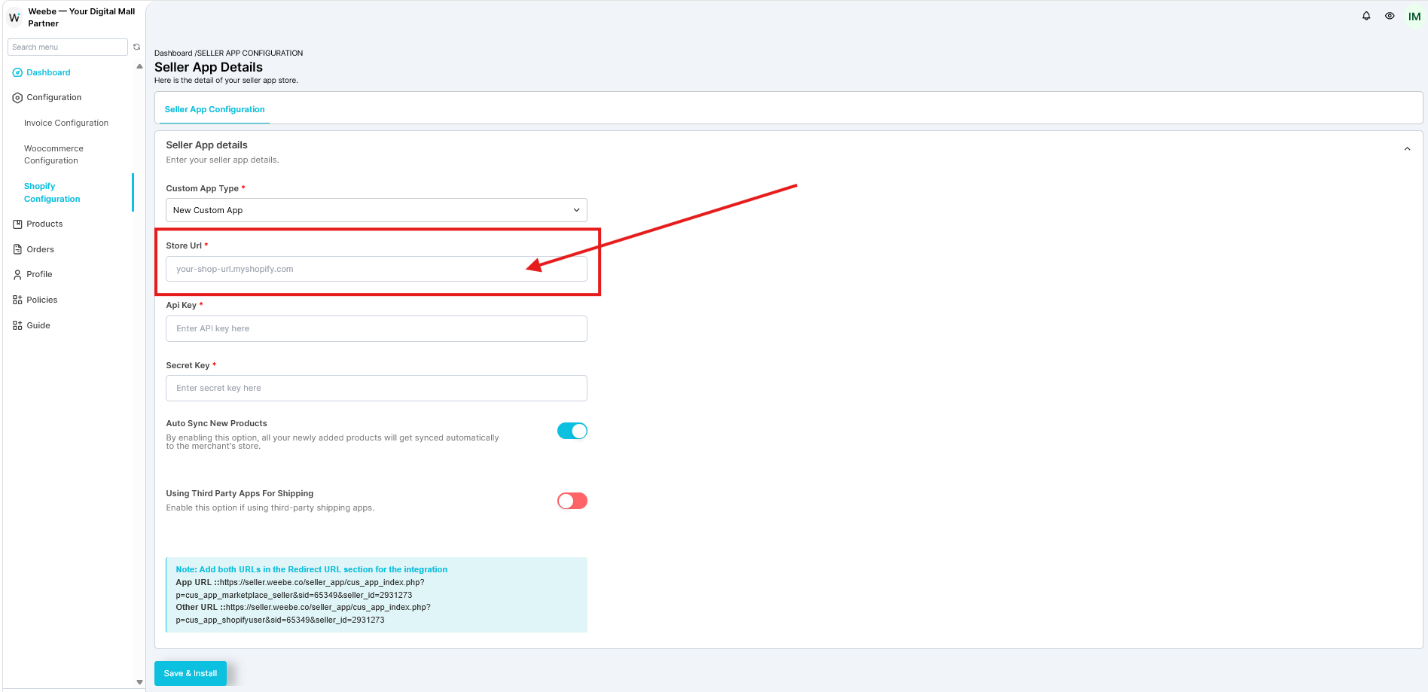 Weebe Shopify Configuration Store URL field