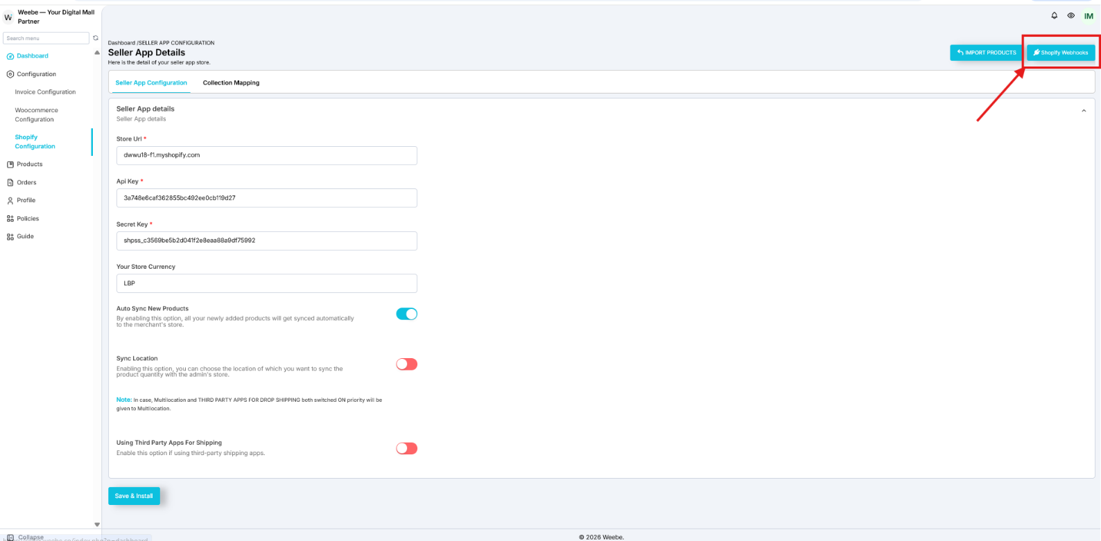 Weebe Shopify Configuration screen showing Shopify Webhooks button