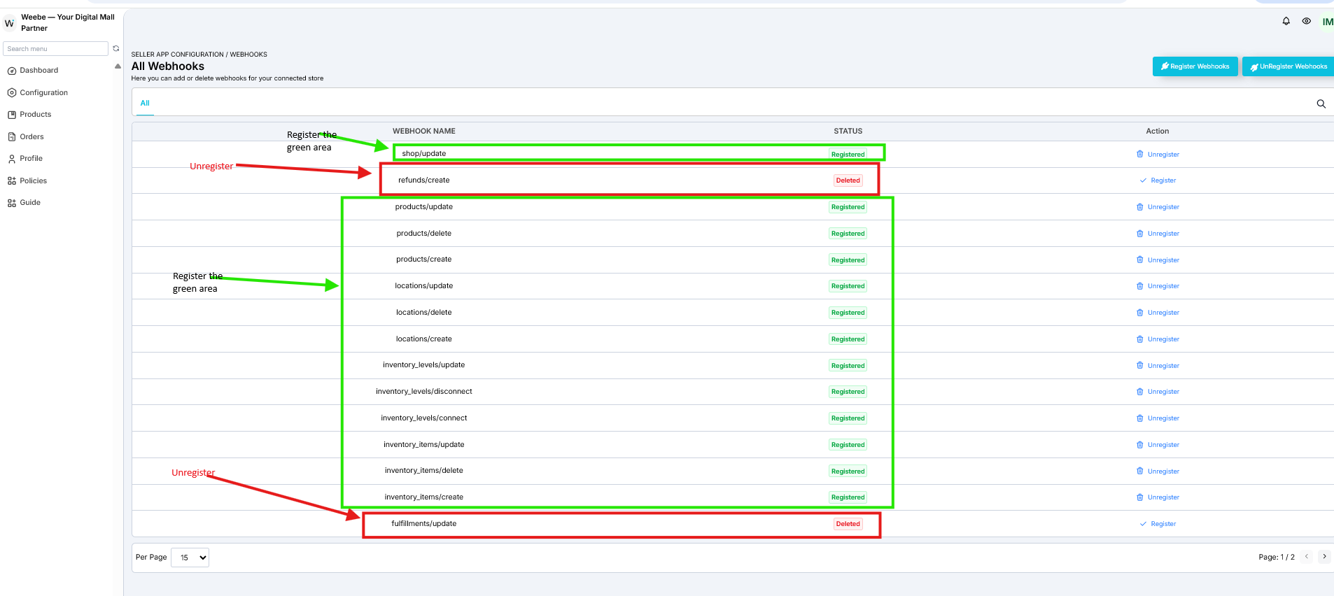 Weebe Shopify Webhooks list showing registered and unregistered webhooks