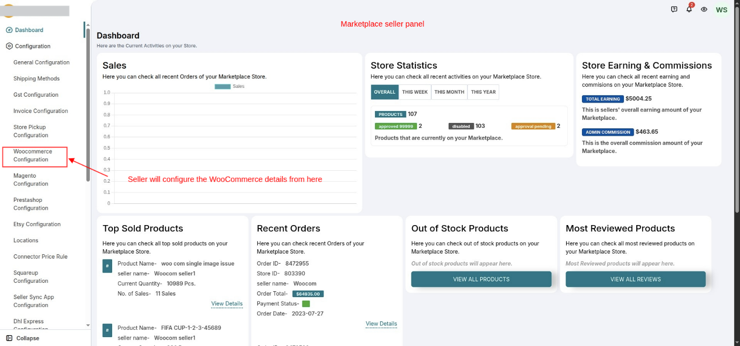 WooCommerce Configuration menu in the seller panel