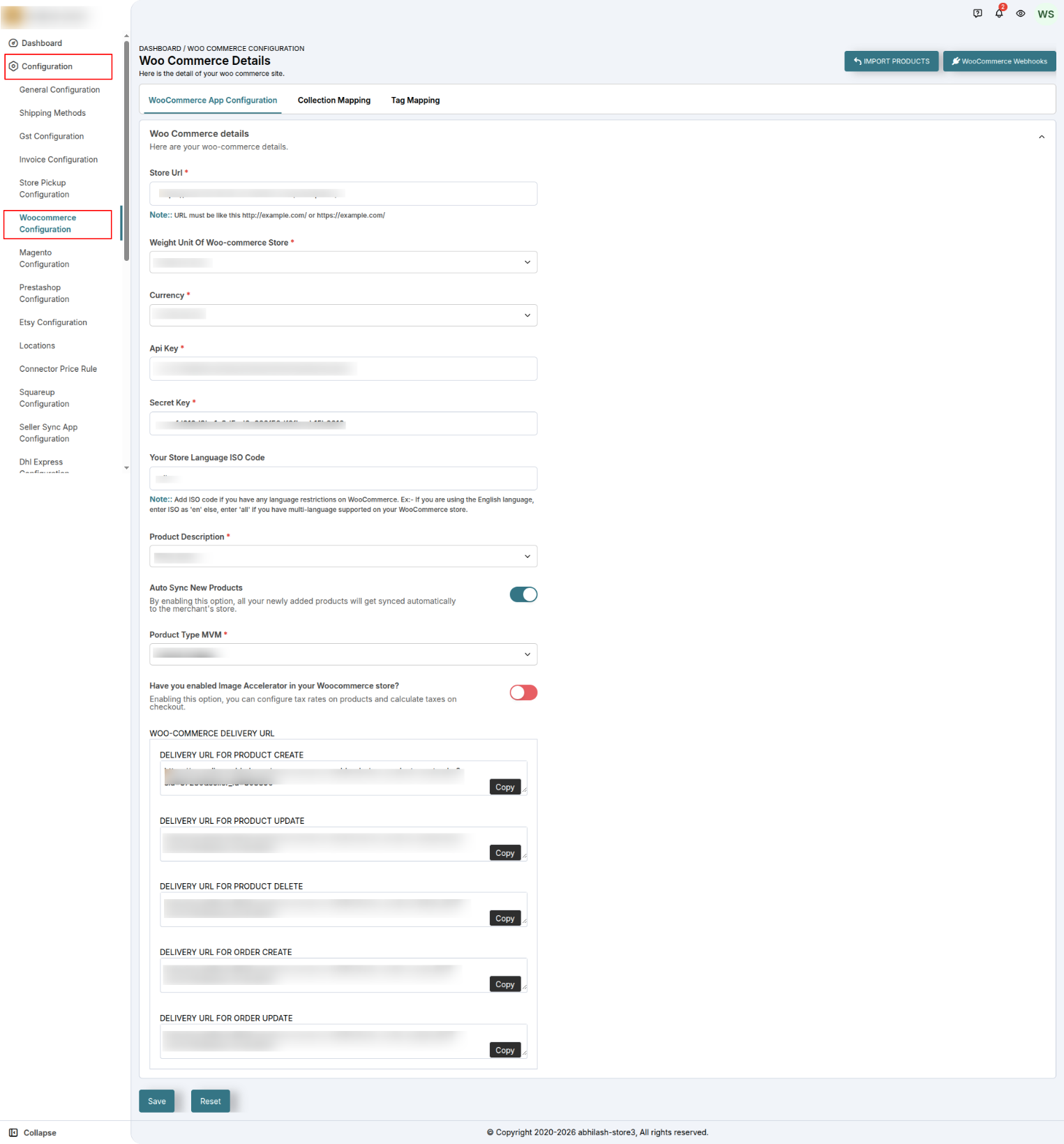 Entering WooCommerce keys and delivery URLs in seller panel