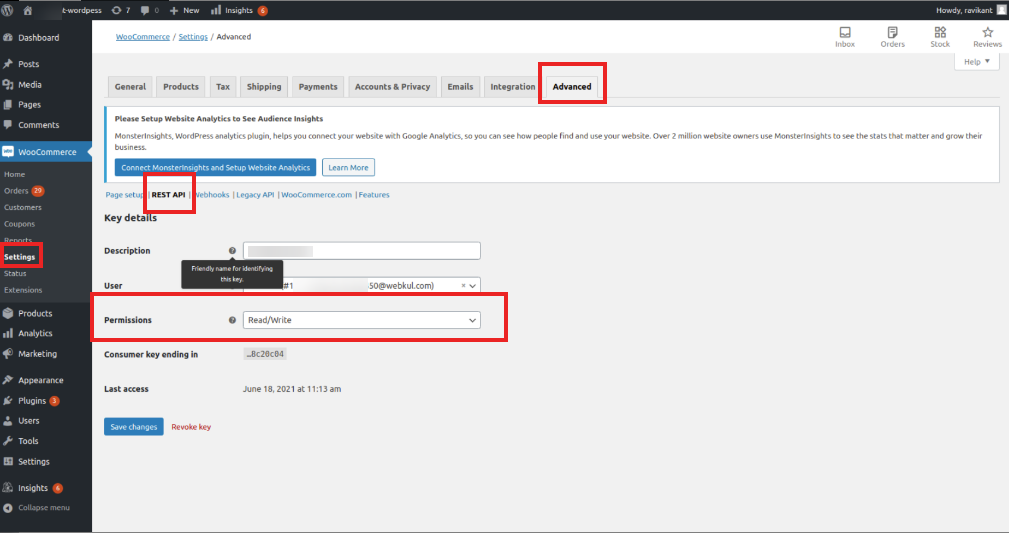 WooCommerce REST API key generation
