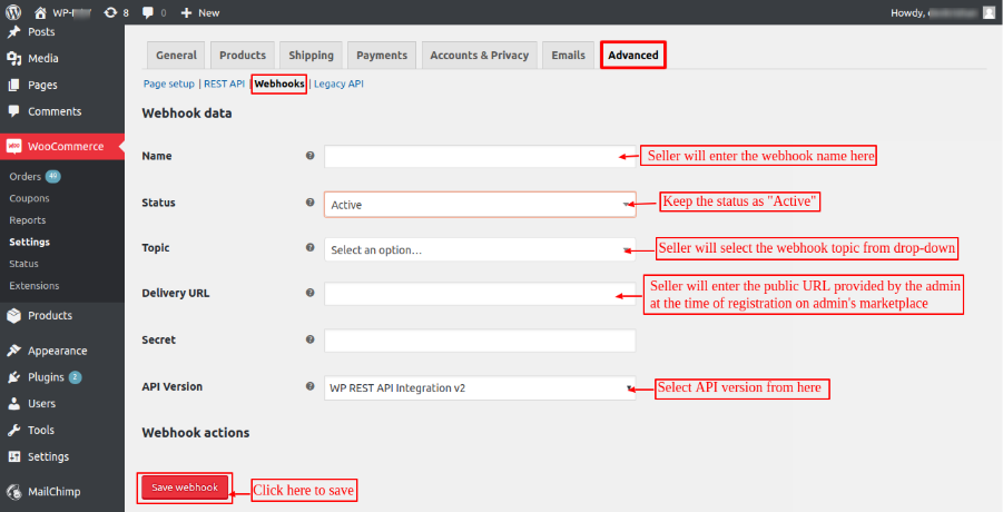 WooCommerce webhook configuration form