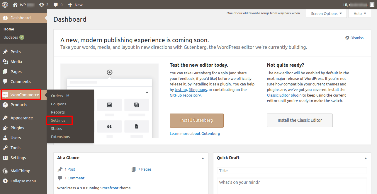 WordPress WooCommerce settings menu